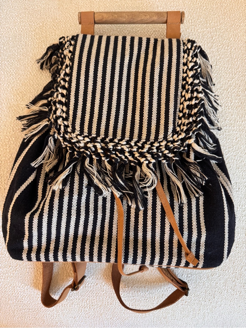 Cost Plus World Market Black & Cream Striped Woven Backpack with Fringe